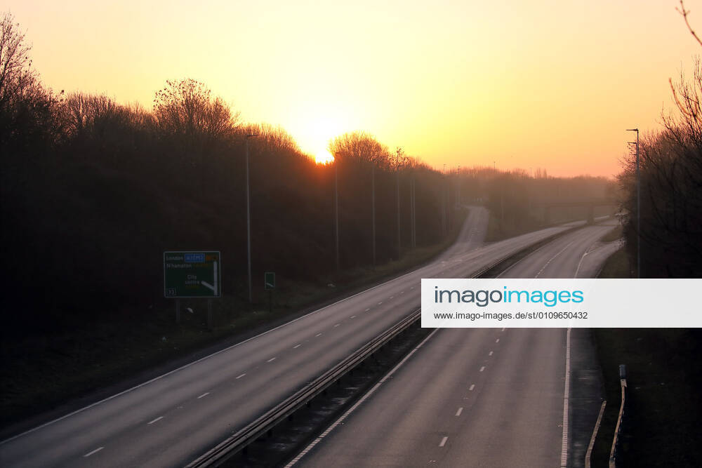 No traffic on the Thorpe parkway just after sunrise as the public has been told to stay at home where possible and avoid unnecessary travel, on the first weekend of Lockdown Three , in Peterborough, Cambridgeshire. Again, people are not allowed to leave home except for minimal food shopping, medical treatment, exercise - once a day, and essential work.