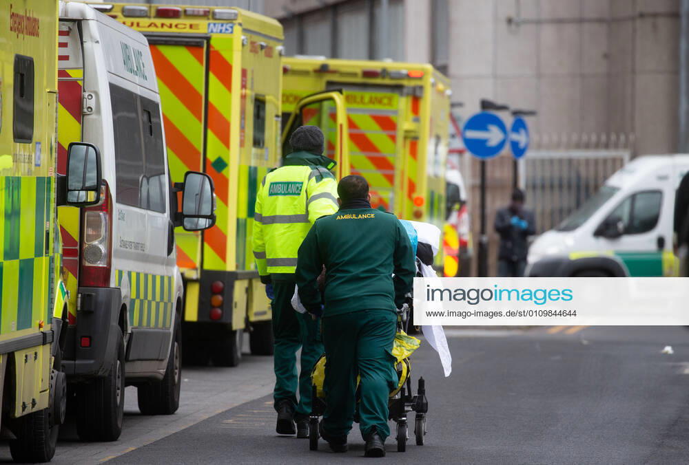 London, United Kingdom. Lines of ambulances and a steady stream of patients arriving as the Covid-19 virus reaches a new peak. Royal London Hospital. Whitechapel.