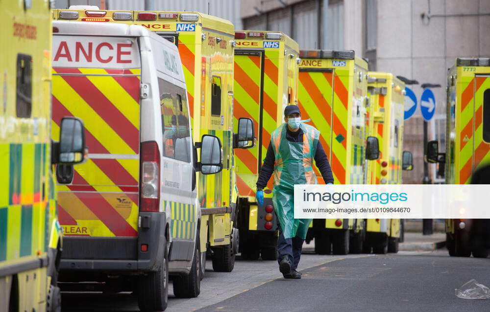 London, United Kingdom. Lines of ambulances and a steady stream of patients arriving as the Covid-19 virus reaches a new peak. Royal London Hospital. Whitechapel.
