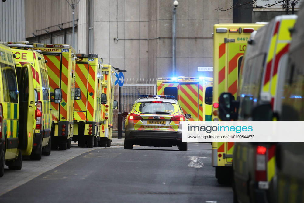 London, United Kingdom. Lines of ambulances and a steady stream of patients arriving as the Covid-19 virus reaches a new peak. Royal London Hospital. Whitechapel.