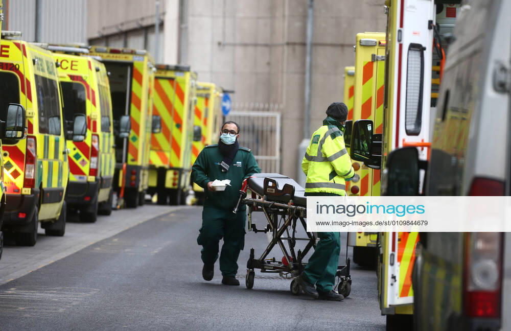 London, United Kingdom. Lines of ambulances and a steady stream of patients arriving as the Covid-19 virus reaches a new peak. Royal London Hospital. Whitechapel.