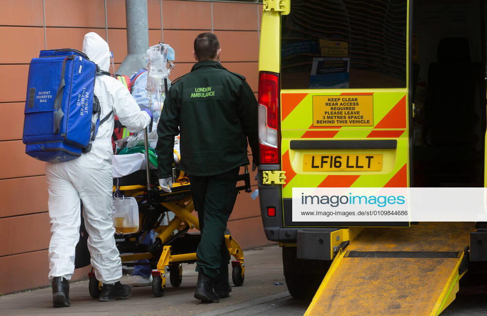 London, United Kingdom. Lines of ambulances and a steady stream of patients arriving as the Covid-19 virus reaches a new peak. Royal London Hospital. Whitechapel.