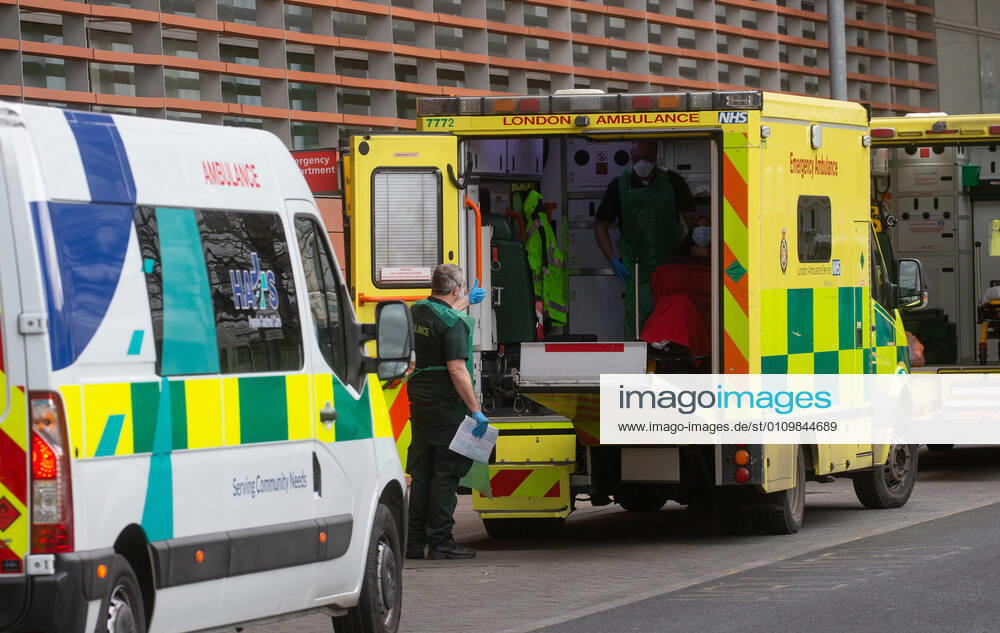London, United Kingdom. Lines of ambulances and a steady stream of patients arriving as the Covid-19 virus reaches a new peak. Royal London Hospital. Whitechapel.