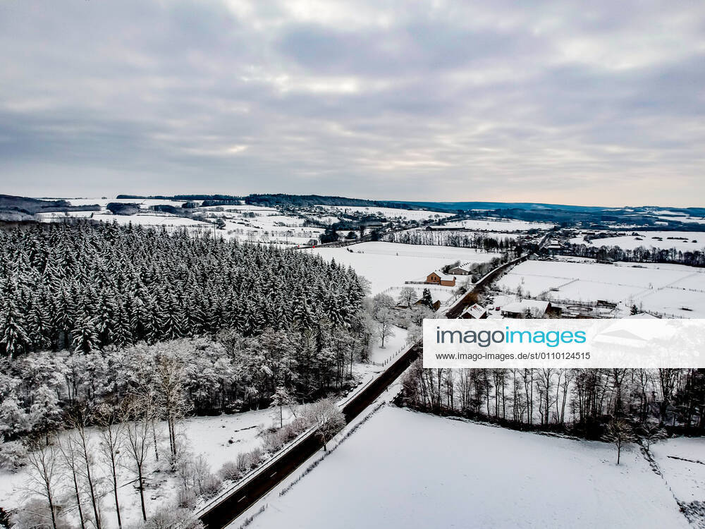 Aerial illustration picture from a drone shows a snowy winter landscape in Hogne, in Wallonia, Saturday 16 January 2021. BRUNOxFAHY 2624489