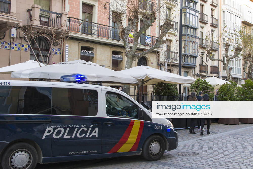 The National Police patrol next to a terrace at 5 p.m. on the day of the entry into force of new restrictions imposed by the government of La Rioja, in Logrono, La Rioja, Spain, on 16 January 2021. From this 16th of January, shops, hotels and gyms will have to adapt their schedules, this time at 5 pm. At this time of day, the closure of these establishments has been established as one of the new restrictions imposed by the Riojan Government in view of the advance of the pandemic and the increase in contagion in the region. 16 JANUARY 2021 SHOW Fotografia LagenciaEP 01 16 2021 Logrono Logrono Spain