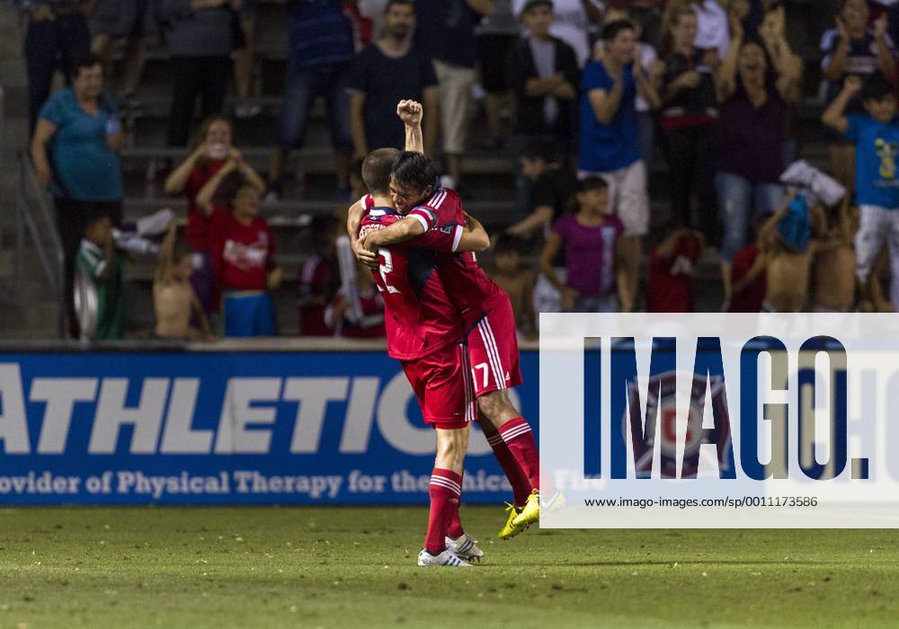 Aug. 5, 2012 - Bridgeview, Illinois, U.S - Chicago Fire defender AUSTIN BERRY (22) celebrates his second-half goal against Toronto FC with teammate PAVEL PARDO at Toyota Park. MLS Fussball Herren USA 2012: Fire Defeats Toronto FC 2-1 - ZUMAt10
