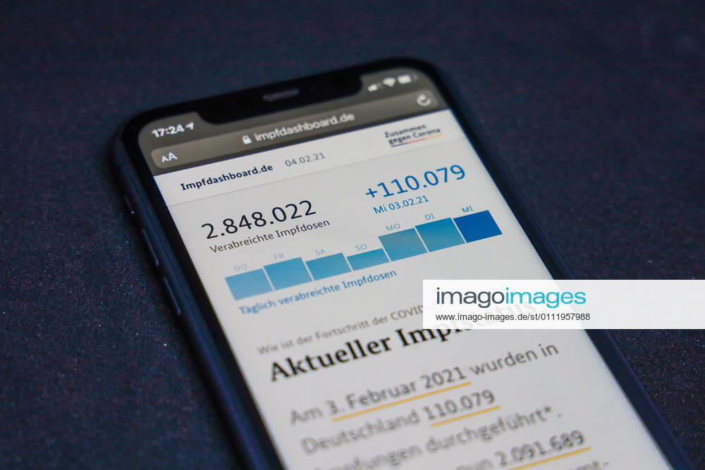 Impfdashboard des Bundesministerium für Gesundheit - Aktueller Impfstatus DEU, Deutschland, Berlin, 04.02.2021: Impfdashboard.de Stand: 03. Februar 2021, 12:00 Uhr, angezeigt auf einem iPhone. Fortschritt der COVIDâ -â 19â -â Impfung.
