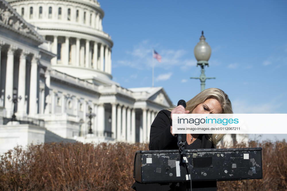 United States Representative Marjorie Taylor Greene (Republican of Georgia) holds a press conference regarding the recent House vote to remove her from two House committee assignments, outside of the U.S. Capitol in Washington, DC, February 5, 2021. Credit: Rod Lamkey CNP Washington USA - ZUMAs152 20210205_zaa_s152_023