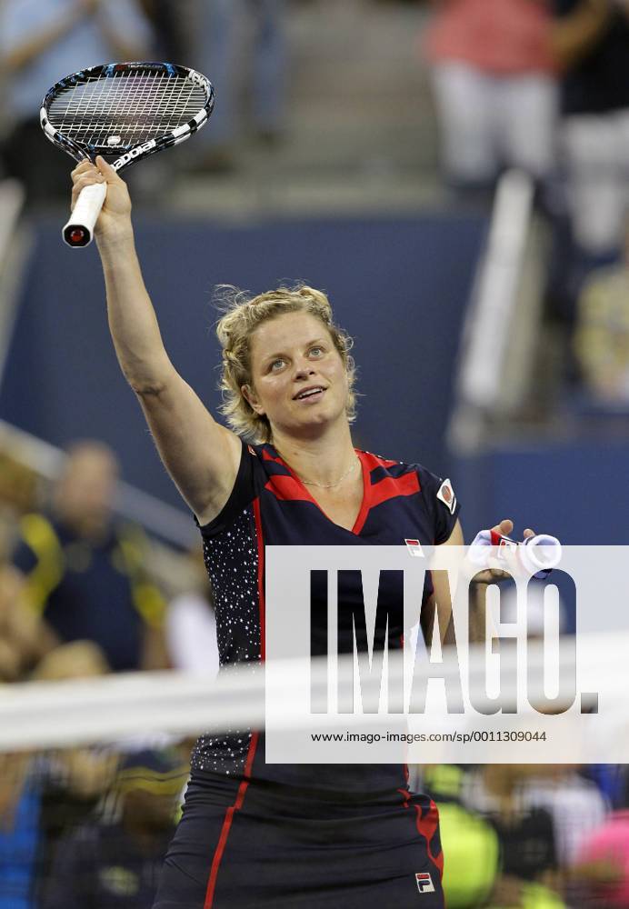 Kim Clijsters of Belgium reacts after match point in her first round match at the 2012 U.S. Open Tennis Championships in Arthur Ashe Stadium at the Billie Jean King National Tennis Center in New York City on August 27, 2012. NYP20120827128