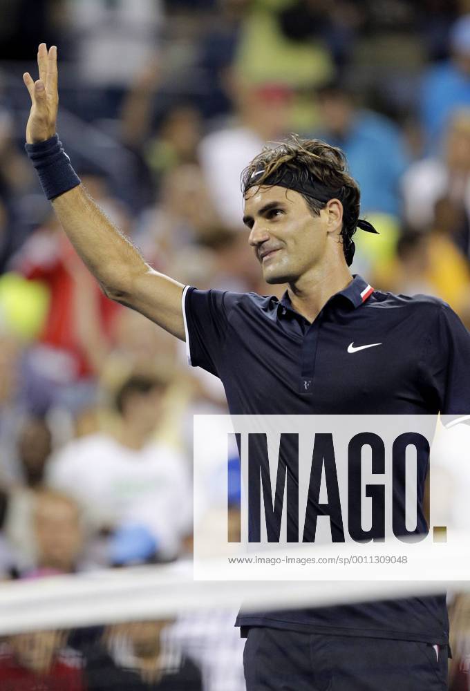 Roger Federer of Switzerland reacts after match point in his first round match at the 2012 U.S. Open Tennis Championships in Arthur Ashe Stadium at the Billie Jean King National Tennis Center in New York City on August 27, 2012. NYP20120827135