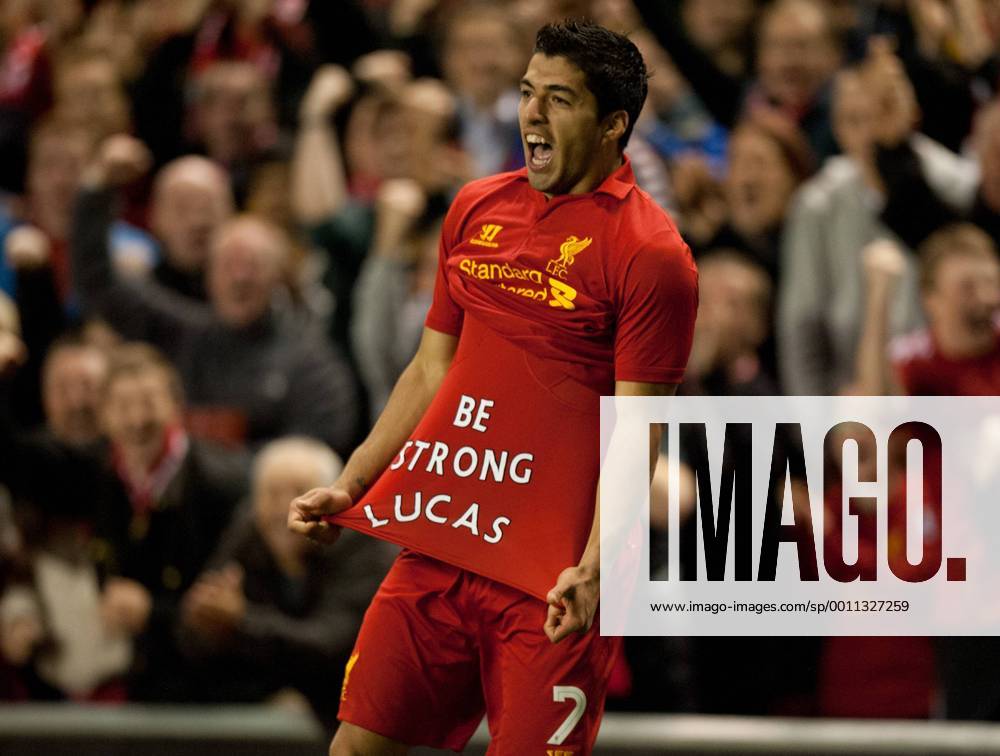 Luis Suarez of Liverpool celebrates scoring the winning goal.Europa League qualifying play off, second leg.Liverpool FC - Hearts of Midlothian at Anfield, Liverpool on the 30th August 2012..