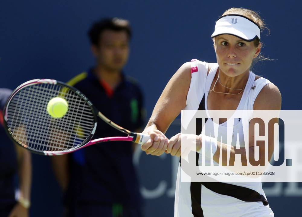 Varvara Lepchenko hits a backhand in her second round match of Australia in Arthur Ashe Stadium at the Billie Jean King National Tennis Center in New York City on August 31, 2012. NYP20120831116