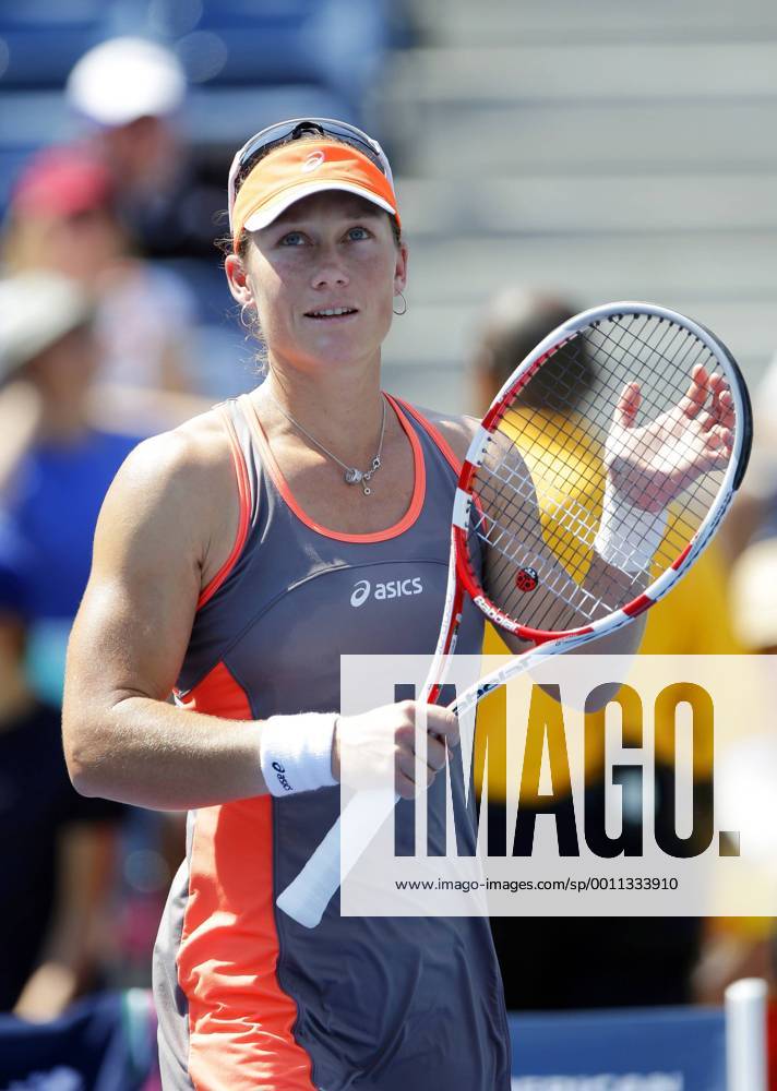Samantha Stosur of Australia reacts after match point in her second round match in Arthur Ashe Stadium at the Billie Jean King National Tennis Center in New York City on August 31, 2012. NYP20120831118