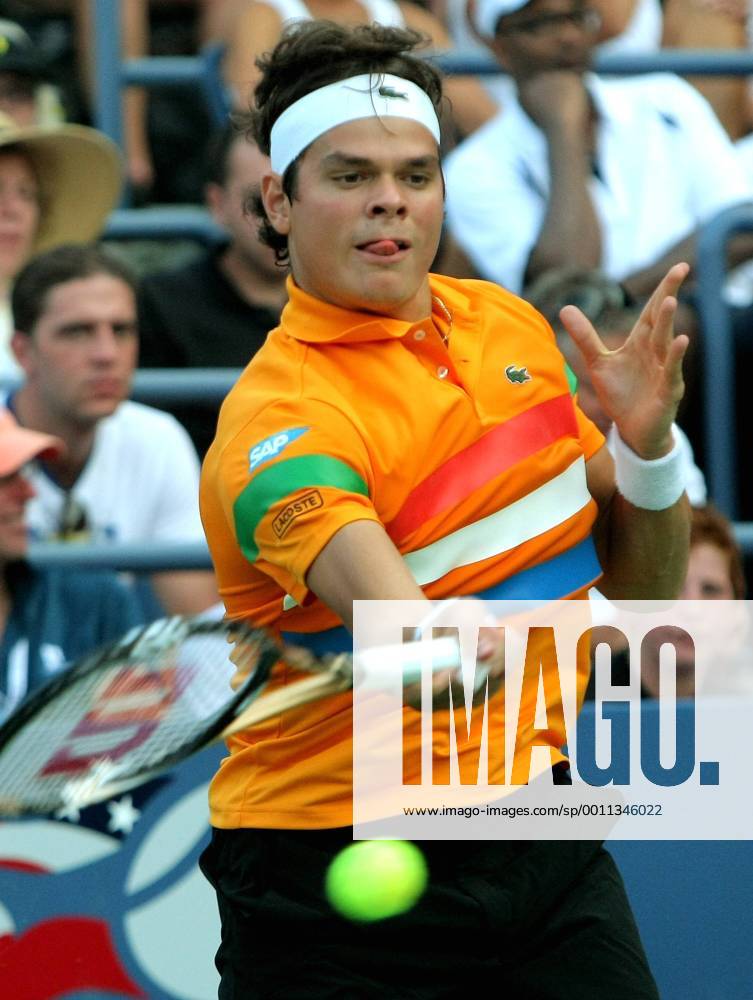 Milos Raonic, Canada, returns in the first set of third-round action at the 2012 U.S. Open held at the National Tennis Center on September 1, 2012. NYP20120901311