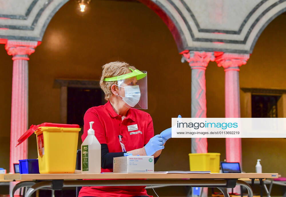 Nursing staff prepare for a day of mass vaccination in the Blue Hall of the Stockholm City Hall, the venue for the Nobel Prize banquets, in Stockholm, Sweden, on Feb 21, 2021, amid the coronavirus Covid 19 pandemic STOCKHOLM SWEDEN
