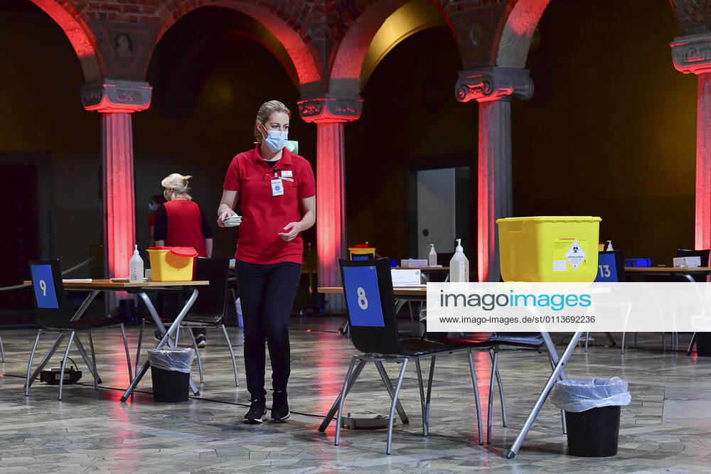 Nursing staff prepare for a day of mass vaccination in the Blue Hall of the Stockholm City Hall, the venue for the Nobel Prize banquets, in Stockholm, Sweden, on Feb 21, 2021, amid the coronavirus Covid 19 pandemic STOCKHOLM SWEDEN