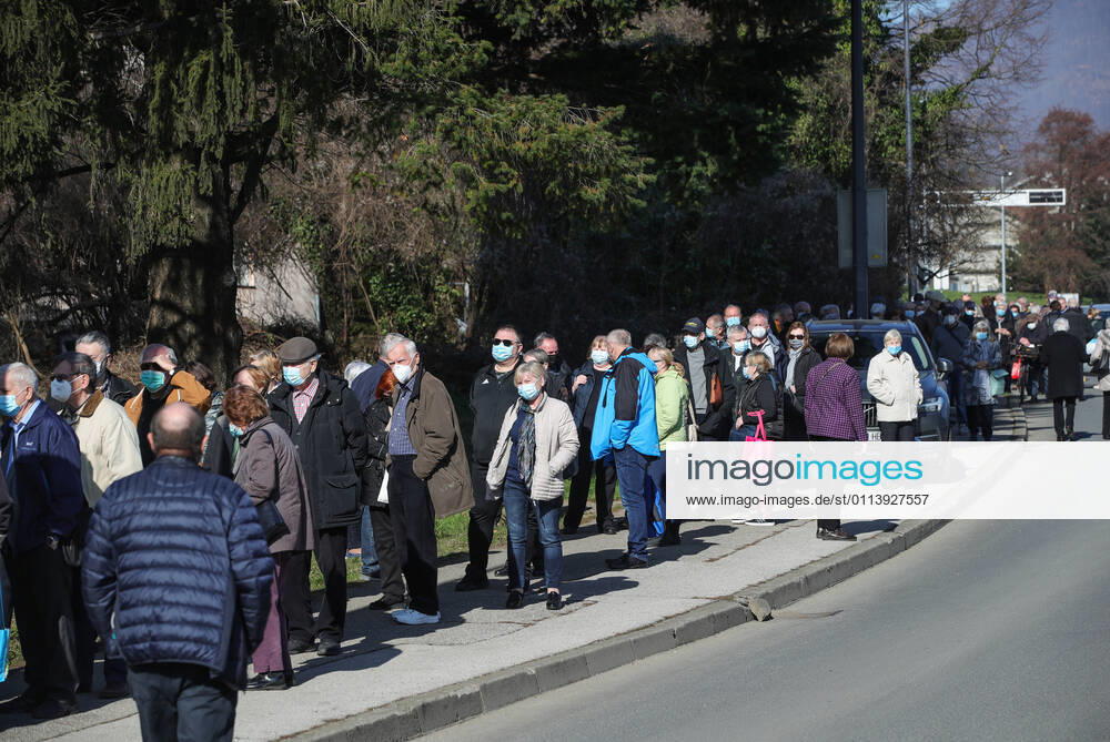 Vaccination in Zagreb, Croatia People wait in line to receive coronavirus disease (COVID-19) vaccine during a mass vaccination in Zagreb, Croatia on February 23, 2021. SanjinxStrukic PIXSELL