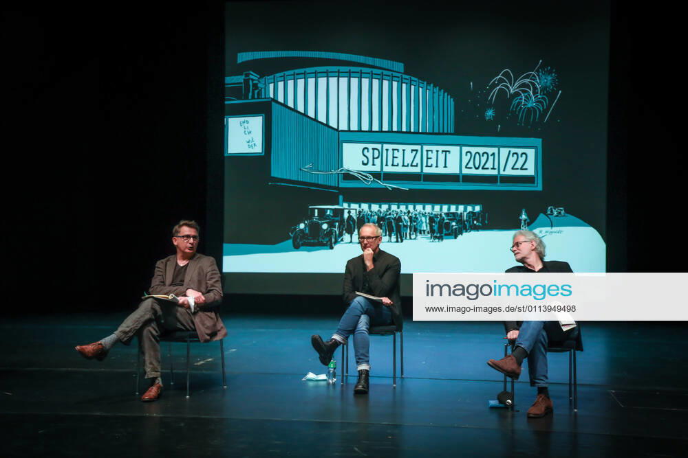 DEU, Deutschland, Nordrhein-Westfalen, Münster, 23.02.2021: Theater Münster, Pressetermin, Vorstellung des Spielplans für die kommenden Saison 2021 22. vrnl. Ulrich Peters, Generalintendant; Frank Behnke, Schauspieldirektor; Hans Henning Paar, Künstlerischer Leiter Tanztheater & Chefchoreograf