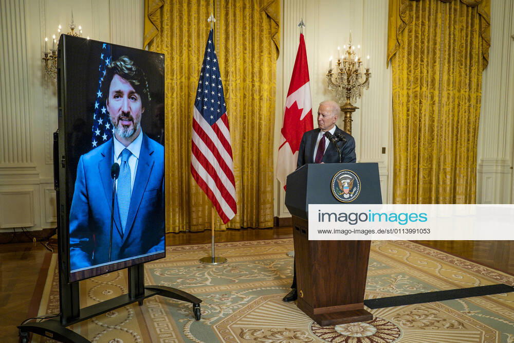 United States President Joe Biden and Prime Minister Justin Trudeau make virtual statements in the East Room of the White House about their virtual bilateral meeting in Washington, D.C., on Tuesday, February 23, 2021 Washington USA - ZUMAs152 20210223_zaa_s152_521