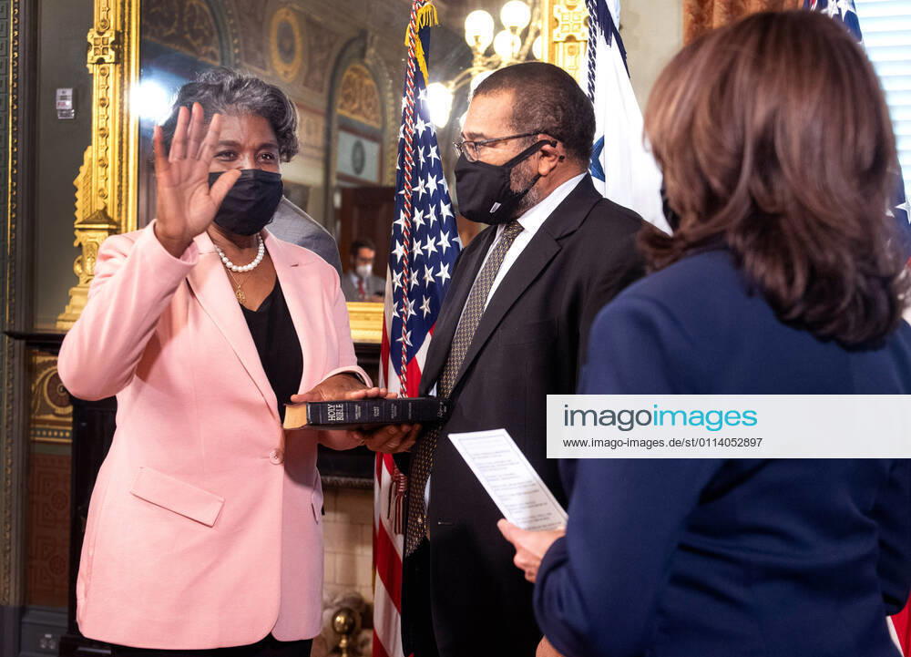 Vice President Kamala Harris swears-in United Nations Ambassador Linda Thomas-Greenfield, as her husband Lafayette Greenfield holds a bible, during a ceremony in the Eisenhower Executive Office Building in Washington, DC on Wednesday, February 24, 2021 Washington USA - ZUMAs152 20210224_zaa_s152_010