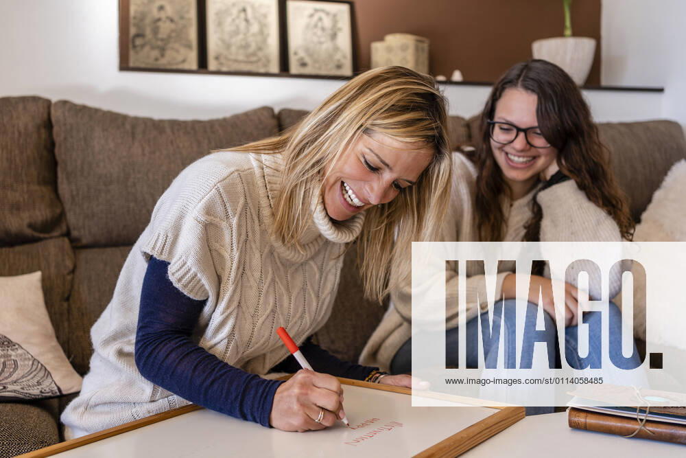 Smiling female psychologist writing on whiteboard while sitting with young woman in office model released Symbolfoto property released DLTSF01581