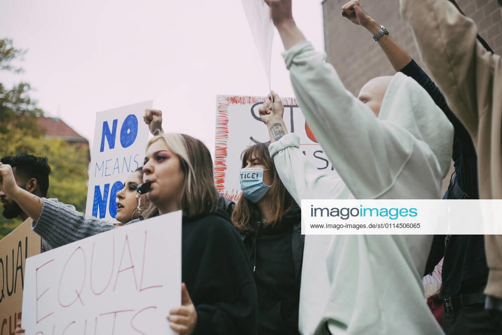 Female activist with equal rights protesting during COVID-19 Sweden, Stockholm, model released