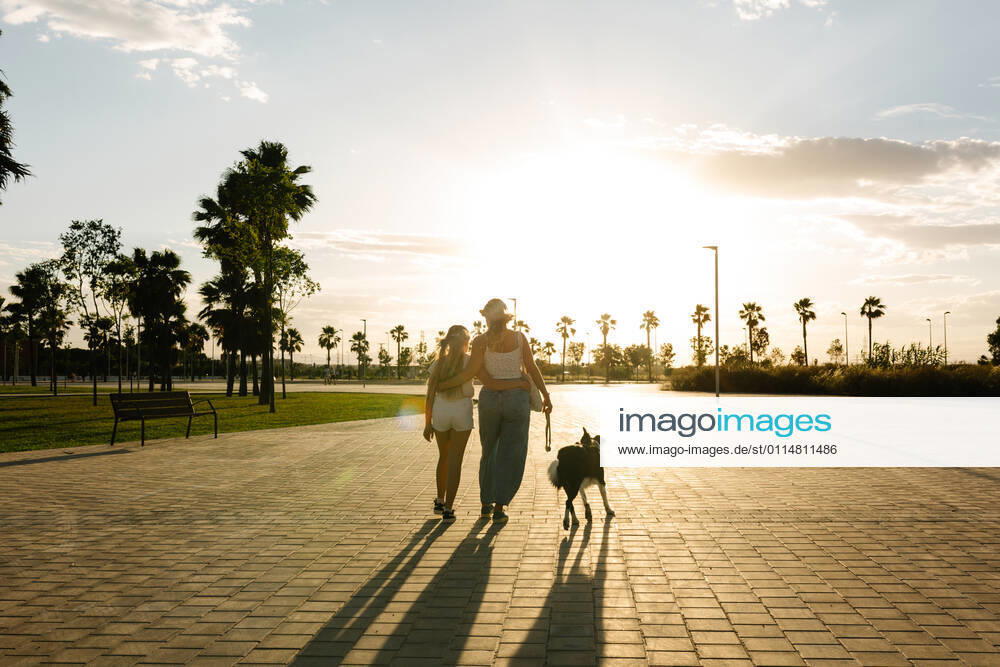 IMAGO Creative: Sommer, Abendspaziergang Back view of woman embracing teenage girl while walking with Border Collie dog along pathway in park on background of sundown sky in summer, Model released