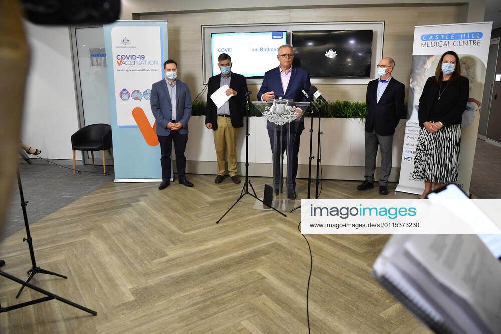 SCOTT MORRISON COVID19 VACCINATION, Australian Prime Minister Scott Morrison speaks to media after receiving his second COVID-19 vaccination during a visit to Castle Hill Medical Centre in Sydney, Sunday, March 14, 2021. ( NO ARCHIVING, , NO USE IN BOOKS WITHOUT CONSENT SYDNEY NSW AUSTRALIA