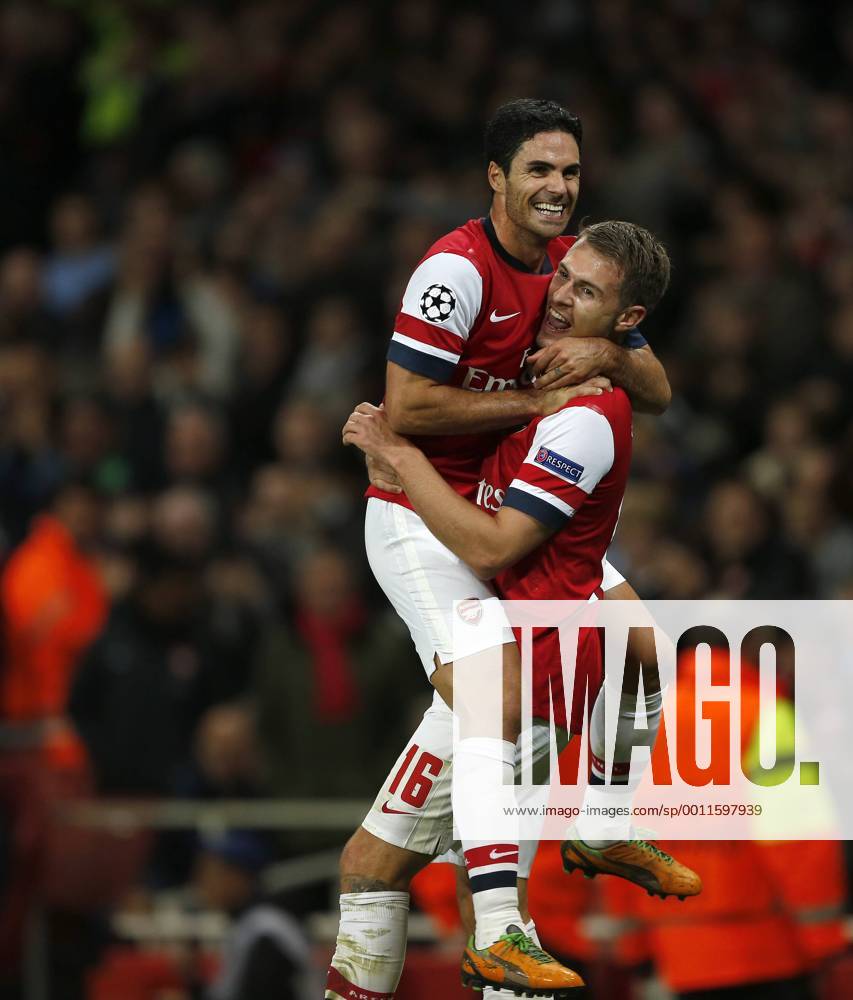 Arsenal s Aaron Ramsey celebrates scoring his sides third goal..Football - Champions League Matchday 2 - Emirates Stadium, London - 3 10 12. .