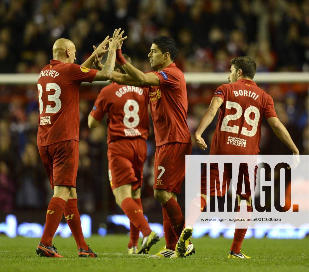Luis Suarez of Liverpool celebrates scoring - UEFA Europa League Group A - Liverpool vs Udinese - Anfield Stadium - Liverpool - 04 10 12 - Picture Simon Bellis Sportimage .