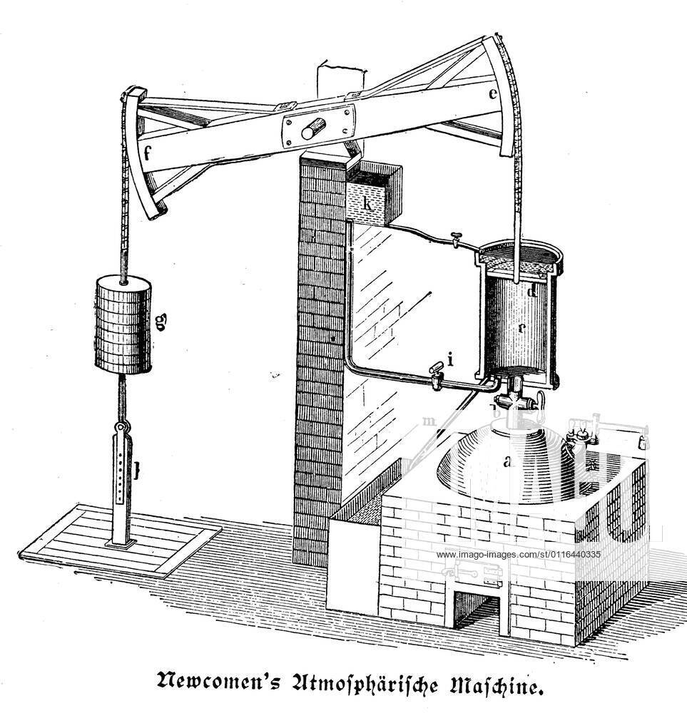 Atmospheric machine according Newcomen principle drawing of the steam engine human Newco Atmosphärische Maschine nach Newcomen, Prinzipzeichnung der Newcomenschen Dampfmaschine, Historisch, historical, digital improved reproduction of an original from the 19th century digitale Reproduktion einer Originalvorlage aus dem 19. Jahrhundert, (Originaldatum nicht bekannt) 1f-4895237