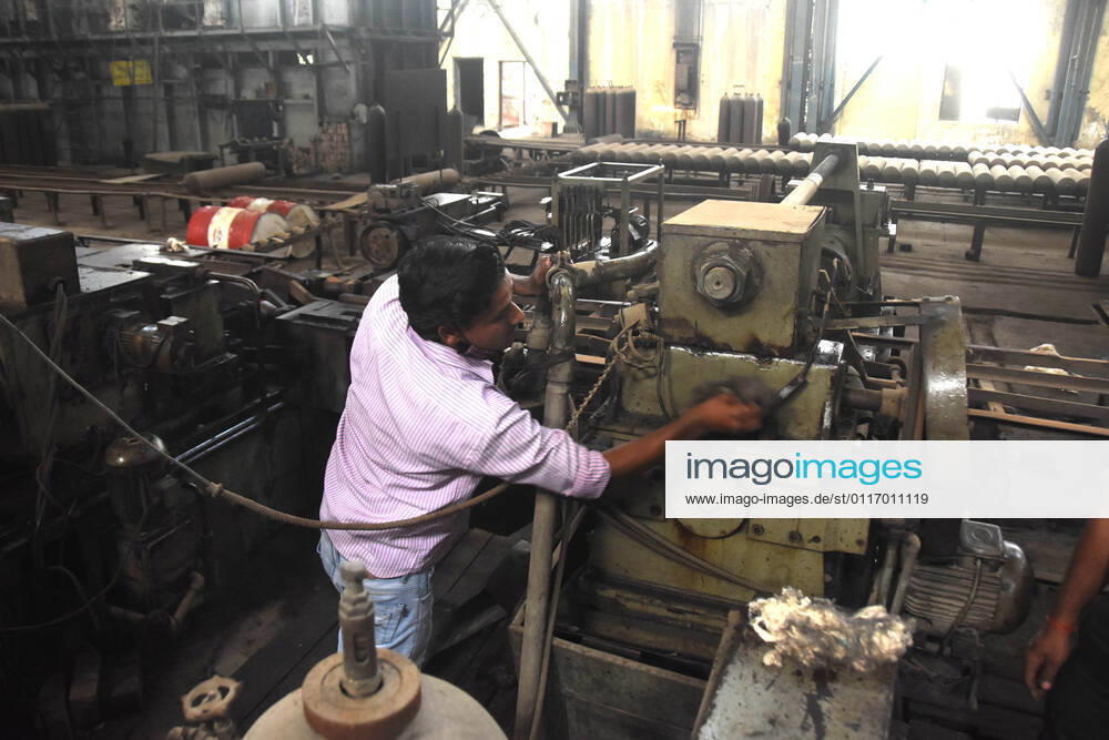 Prayagraj: A worker repair machine use for making oxygen cylinder at Bharat Pump and Compressor limited(BPCL), public sector unit located in Naini area, amid a countrywide hike in coronavirus cases in Prayagraj on Thursday, April 29, 2021. Prayagraj India - ZUMAv115 20210429_zap_v115_013