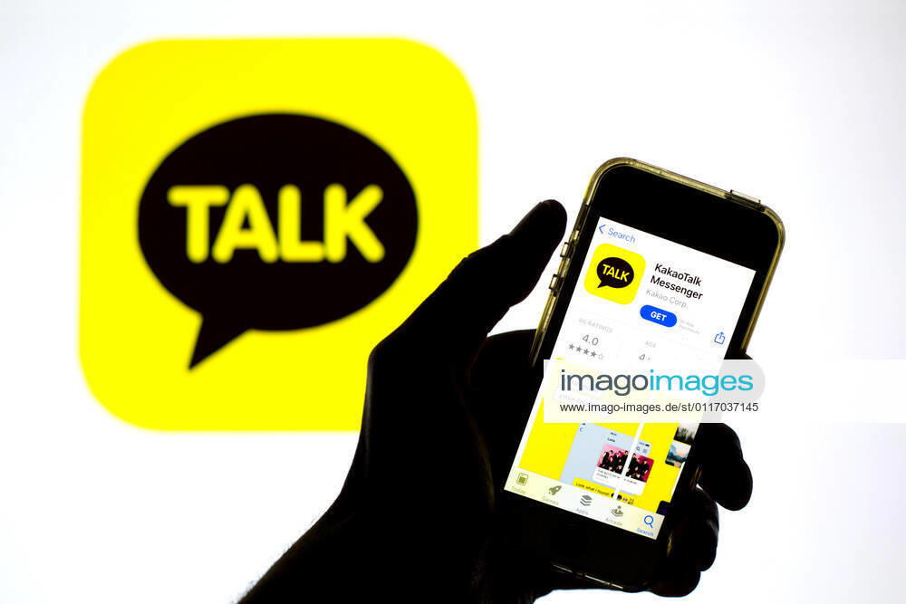 In this photo illustration, the KakaoTalk app in App Store seen displayed on a smartphone screen and a KakaoTalk logo in the background. Barcelona Spain - ZUMAd159 20210430_zia_d159_026