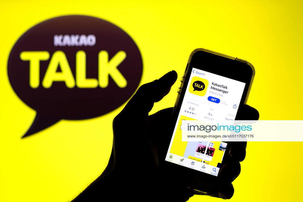 In this photo illustration, the KakaoTalk app in App Store seen displayed on a smartphone screen and a KakaoTalk logo in the background. Barcelona Spain - ZUMAd159 20210430_zia_d159_030