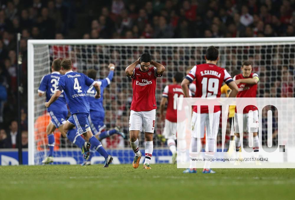 Arsenal s Mikel Arteta looks on dejected after going 1-0 down..Arsenal London vs FC Schalke 04 - Champions League Group Match - The Emirates Stadium, London- 24 10 12 - .
