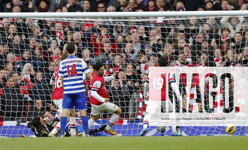 Arsenal s Mikel Arteta scoring his sides opening goal..Arsenal FC London v QPR Queens Park Rangers - Barclays Premier League - The Emirates Stadium, London- 27 10 12 - .