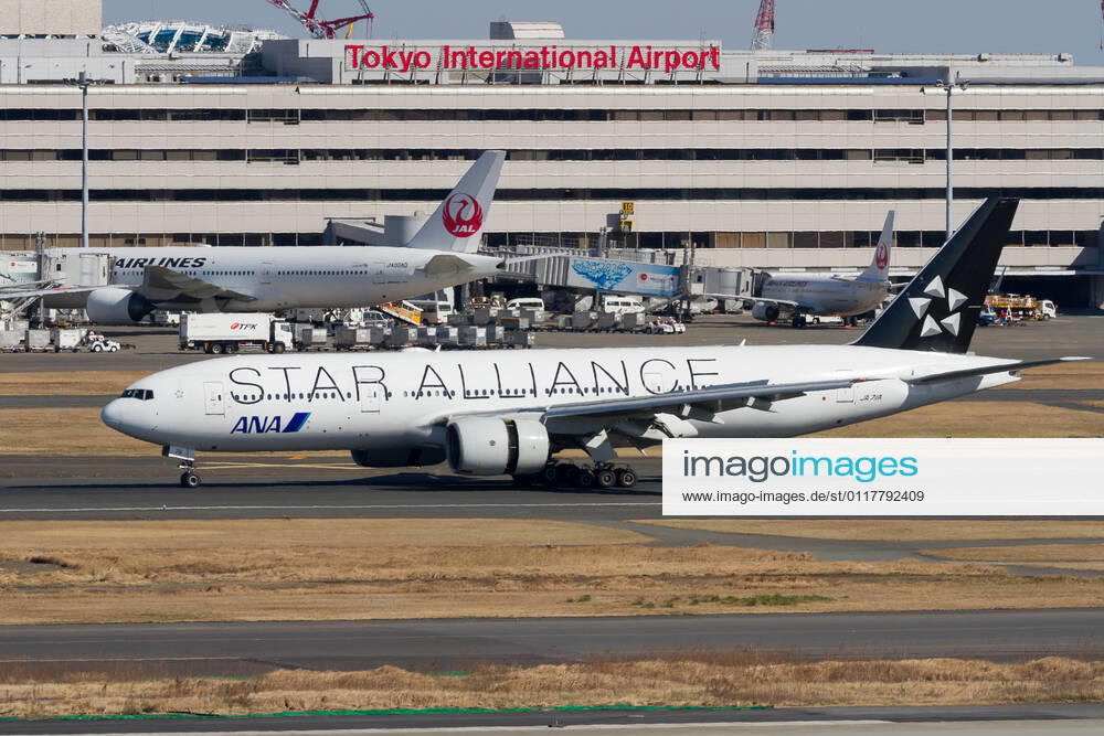 An All Nippon Airways (ANA) Boeing 777-281 airliner, in Star Alliance livery, at Haneda International Airport. Tokyo Japan - ZUMAs197 20190201_zab_s197_120