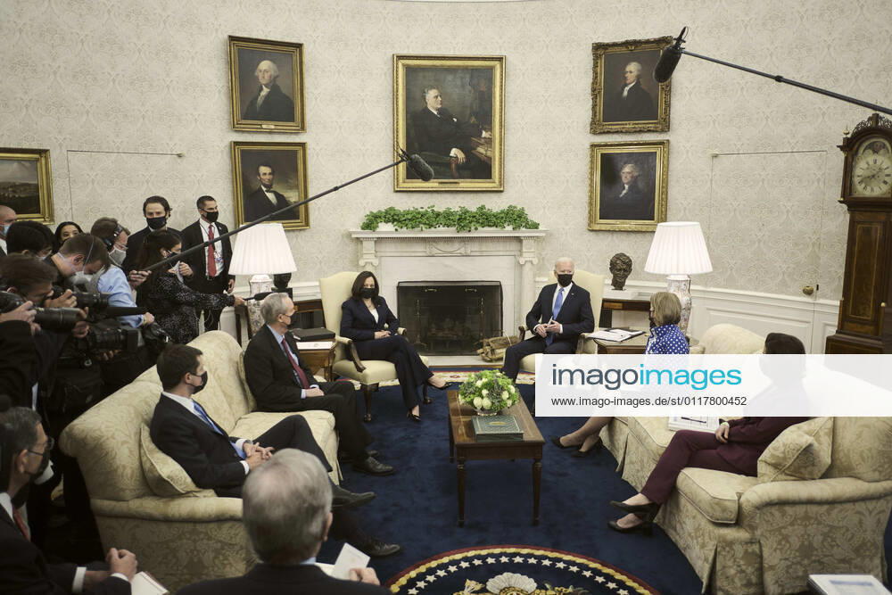 United States President Joe Biden, with US Vice President Kamala Harris, makes a brief statement to the press during a meeting with a group of Republican senators to discuss the administrations infrastructure plan, in the Oval Office at the White House in Washington, D.C., on May 13, 2021. Included in the meeting were US Secretary of Transportation Pete Buttigieg, from left, US Senator Mike Crapo (Republican of Idaho), US Senator Shelley Moore Capito (Republican of West Virginia), and US Secretary of Commerce Gina Raimondo Washington USA - ZUMAs152 20210513_zaa_s152_186