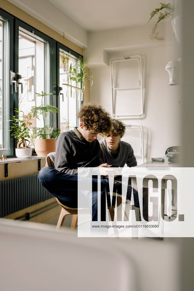 IMAGO Creative: Jahreszeit Winter, Fantasievoll drinnen spielen Brothers sharing mobile phone while siting at table Sweden, Stockholm, model released, property released