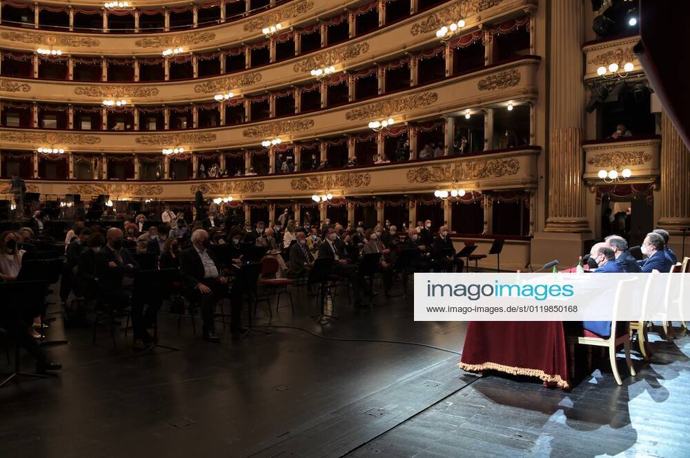 Milan, Italy Teatro alla Scala presentation of the new show season 2021-2022 with the participation of Dominique Meyer superintendent of La Scala, Giuseppe Sala mayor of Milan, Riccardo Chailly conductor, Manuel Legris dancer In the photo: Dominique Meyer superintendent of La Scala, Giuseppe Sala mayor of Milan, Riccardo Chailly conductor, Manuel Legris dancer