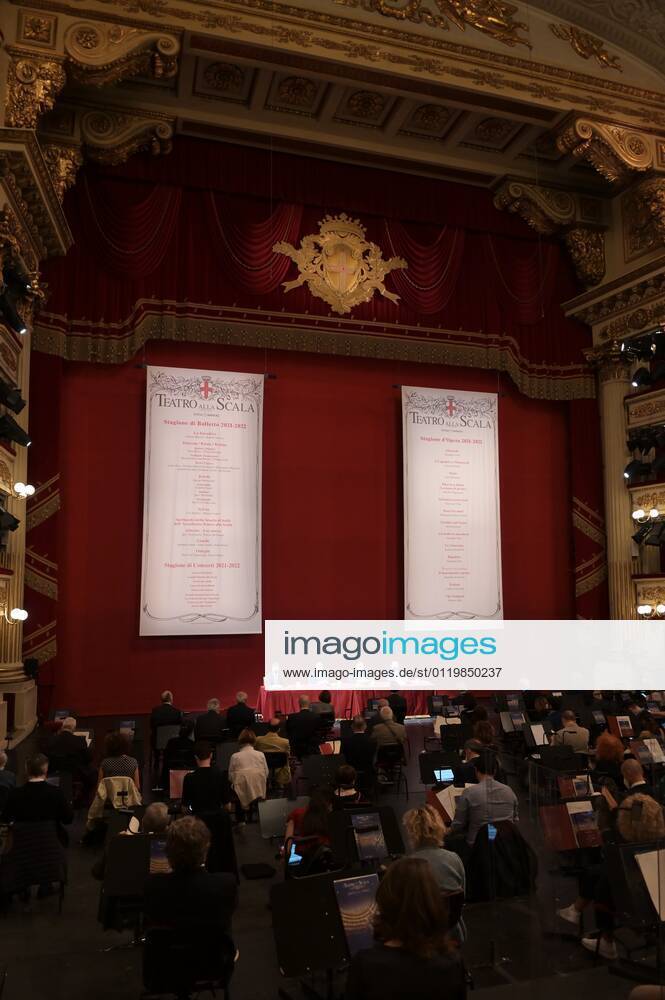 Milan, Italy Teatro alla Scala presentation of the new show season 2021-2022 with the participation of Dominique Meyer superintendent of La Scala, Giuseppe Sala mayor of Milan, Riccardo Chailly conductor, Manuel Legris dancer In the photo: La Scala Teatro during the presentation new season shows