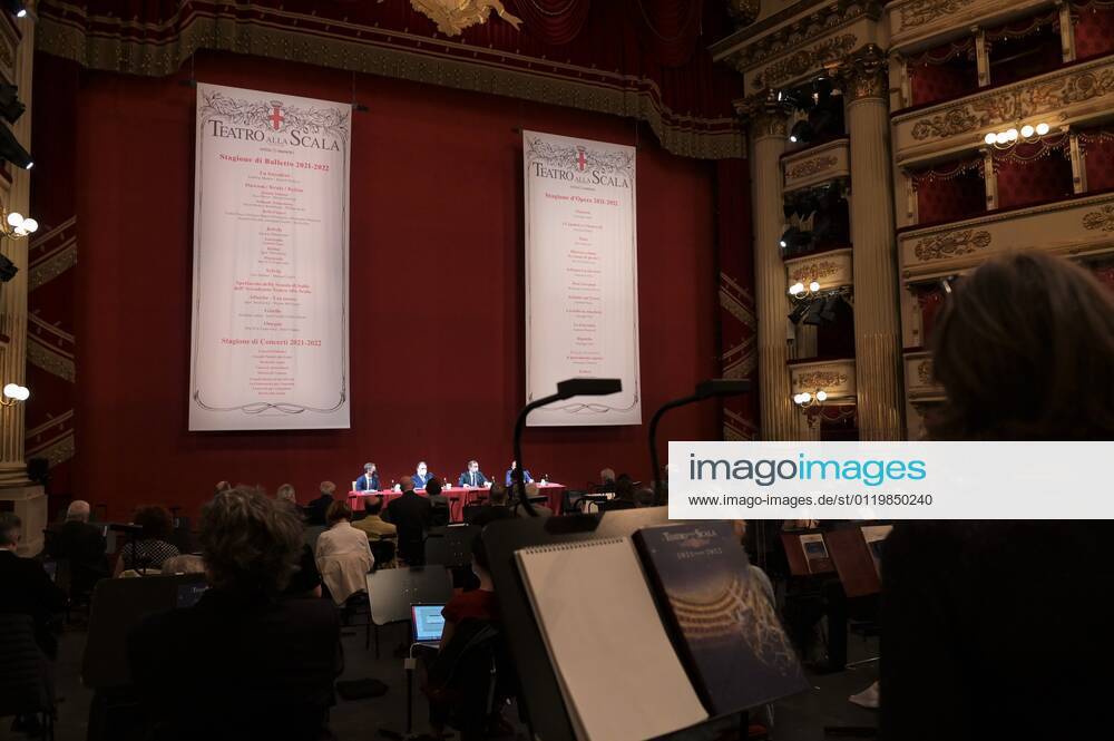 Milan, Italy Teatro alla Scala presentation of the new show season 2021-2022 with the participation of Dominique Meyer superintendent of La Scala, Giuseppe Sala mayor of Milan, Riccardo Chailly conductor, Manuel Legris dancer In the photo: La Scala Teatro during the presentation new season shows