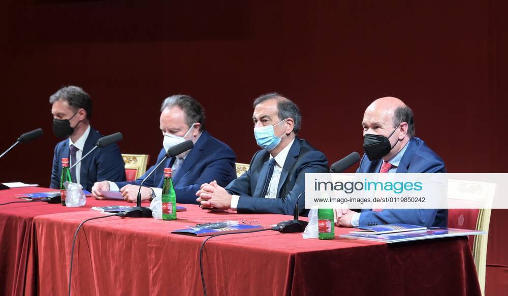 Milan, Italy Teatro alla Scala presentation of the new show season 2021-2022 with the participation of Dominique Meyer superintendent of La Scala, Giuseppe Sala mayor of Milan, Riccardo Chailly conductor, Manuel Legris dancer In the photo: Dominique Meyer superintendent of La Scala, Giuseppe Sala mayor of Milan, Riccardo Chailly conductor, Manuel Legris dancer