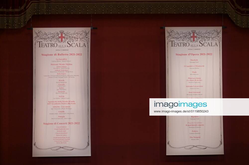 Milan, Italy Teatro alla Scala presentation of the new show season 2021-2022 with the participation of Dominique Meyer superintendent of La Scala, Giuseppe Sala mayor of Milan, Riccardo Chailly conductor, Manuel Legris dancer In the photo: program of events and shows