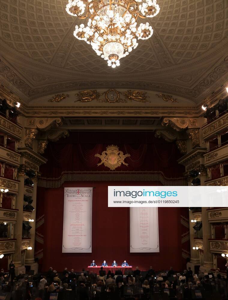 Milan, Italy Teatro alla Scala presentation of the new show season 2021-2022 with the participation of Dominique Meyer superintendent of La Scala, Giuseppe Sala mayor of Milan, Riccardo Chailly conductor, Manuel Legris dancer In the photo: La Scala Teatro during the presentation new season shows