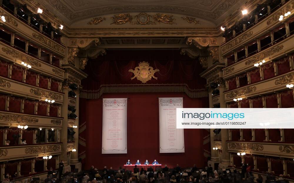 Milan, Italy Teatro alla Scala presentation of the new show season 2021-2022 with the participation of Dominique Meyer superintendent of La Scala, Giuseppe Sala mayor of Milan, Riccardo Chailly conductor, Manuel Legris dancer In the photo: La Scala Teatro during the presentation new season shows