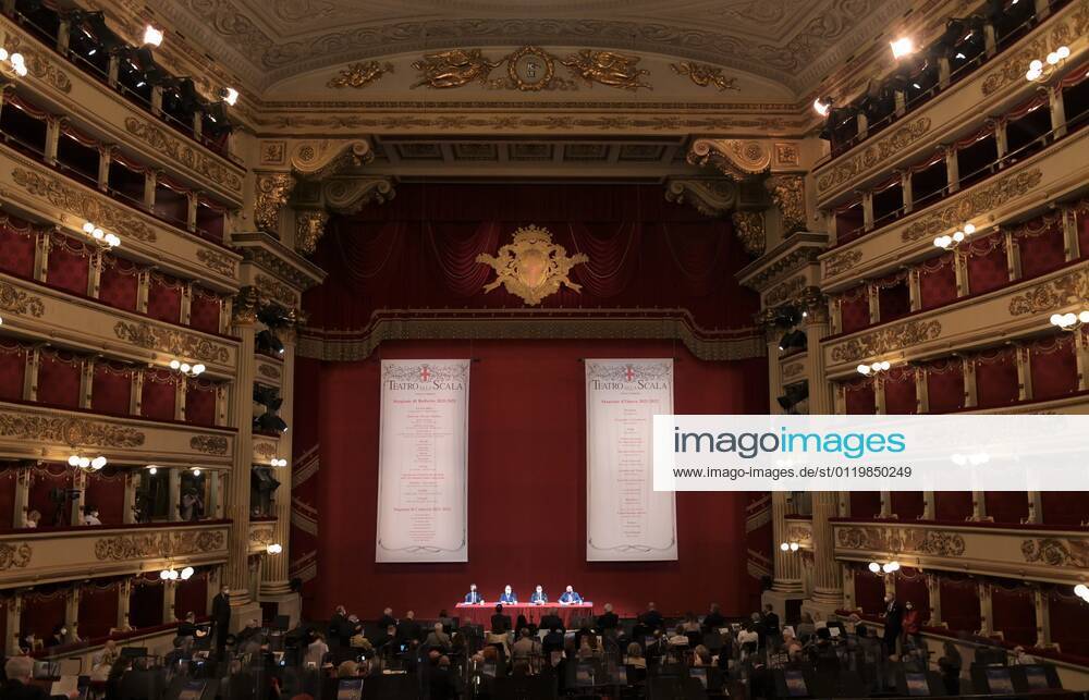 Milan, Italy Teatro alla Scala presentation of the new show season 2021-2022 with the participation of Dominique Meyer superintendent of La Scala, Giuseppe Sala mayor of Milan, Riccardo Chailly conductor, Manuel Legris dancer In the photo: La Scala Teatro during the presentation new season shows