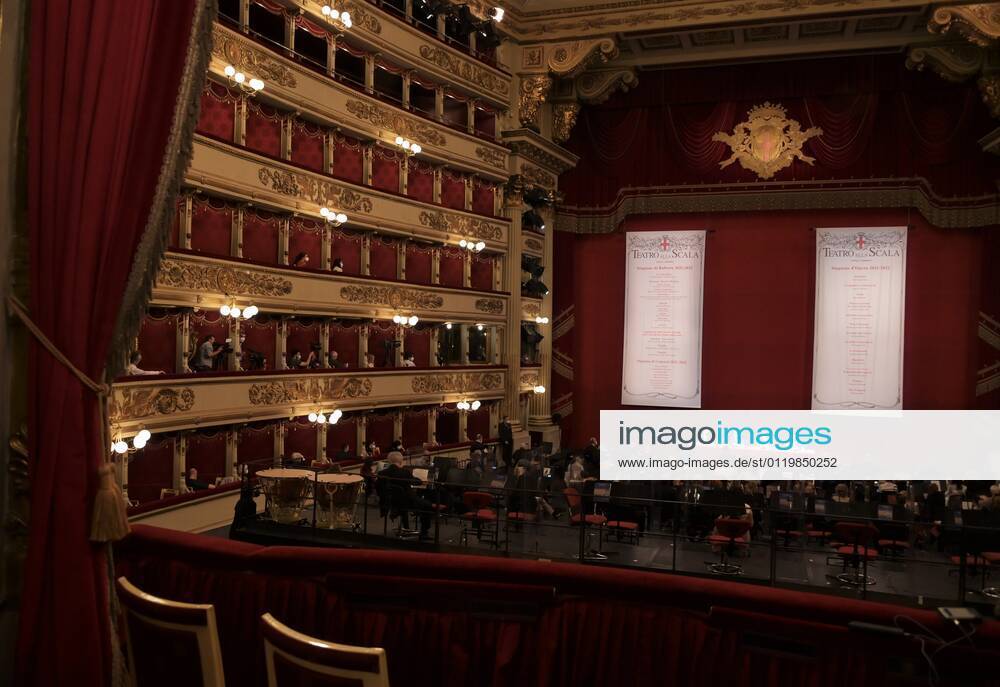 Milan, Italy Teatro alla Scala presentation of the new show season 2021-2022 with the participation of Dominique Meyer superintendent of La Scala, Giuseppe Sala mayor of Milan, Riccardo Chailly conductor, Manuel Legris dancer In the photo: La Scala Teatro during the presentation new season shows