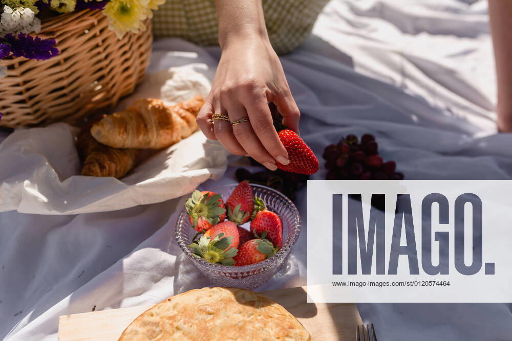 IMAGO Creative: Jahreszeit Fr?hling, Picknick High angle of crop female with ripe strawberry having picnic with croissant and grapes with focaccia, Model released