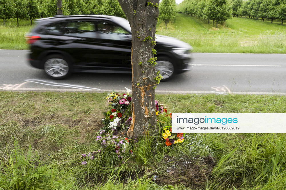 Unfallspuren und Gedenkstätte für ein Verkehrsopfer am Straßenrand Auto Autounfall tödlicher Verkehrsunfall Verkehrsunfallopfer Erinnerung Gedenken Geschwindigkeit Landstraße K14 rasen Straße Straßenverkehr Tod Trauer trauern Trauerstätte Unfall Verkehrssicherheit Verkehrstote Blumen Blumengesteck Blumenstrauß Kerzen gestorben Opfer Todesfolge tot Toter tragisch Tragödie traurig Unfallopfer Unfallort Verkehrsunfallort Unglück verunglückt Markierungen der Polizei Verkehrsunfalldienst Unfallspuren 20210607ad391 Wadersloh Nordrhein-Westfalen NRW Deutschland Germany